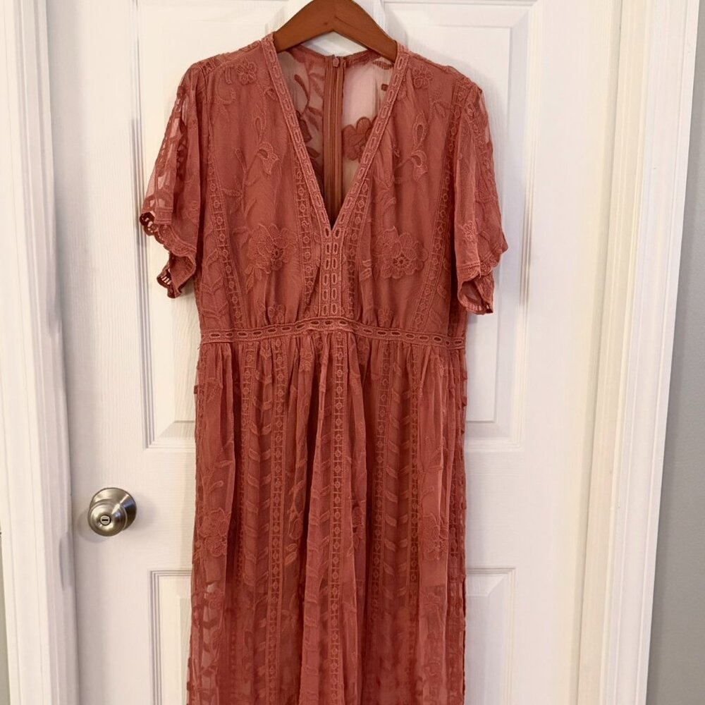 Terracotta Lace Mesh See Through Maxi Dress With Slit and Shorts Size Medium